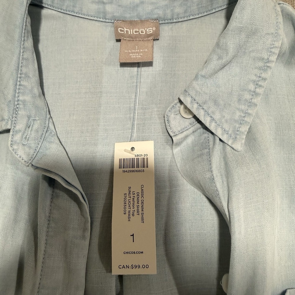 Chico's Classic Button Up Chambray Denim Shirt Womens Size 1 Petite Minimalist - Picture 3 of 7